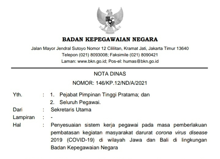 Penyesuaian Sistem Kerja Pegawai Pada Masa Ppkm Darurat Covid 19 Di Wilayah Jawa Dan Bali Di Lingkungan Bkn Badan Kepegawaian Negara